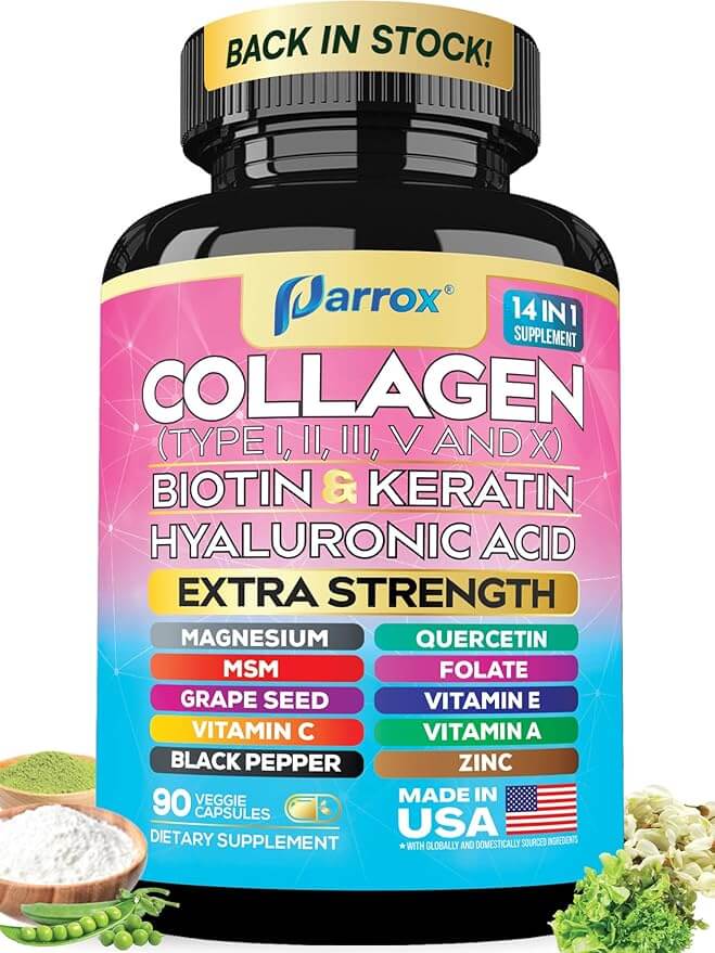 Multi-collagen supplement with vitamins and hyaluronic acid.