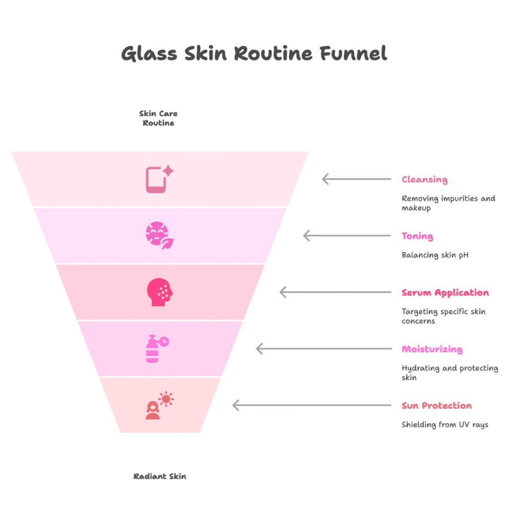 Step-by-step AM and PM Korean skincare routine for sensitive skin to achieve glass skin.