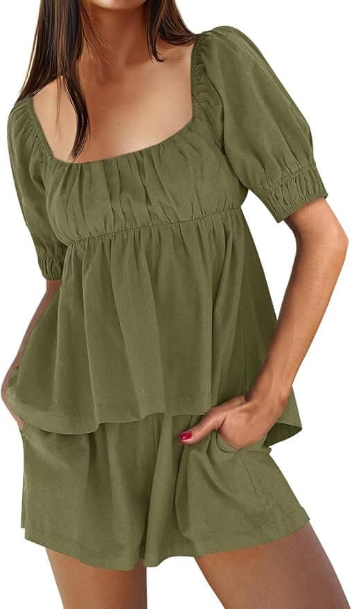 Woman wearing an olive green puff sleeve babydoll top with matching shorts, featuring a square neckline and relaxed fit—perfect summer set from Amazon.