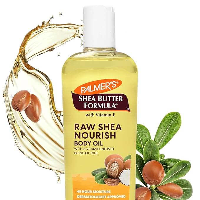 Palmer’s raw shea body oil with vitamin E, 8.5 oz bottle, deeply hydrating moisturizer for dry, sensitive, or eczema-prone skin.