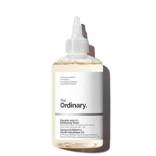 The Ordinary Glycolic Acid 7% Toning Solution flatlay with soft aesthetic background, ideal for treating keratosis pilaris and smoothing chicken skin on arms and legs.
