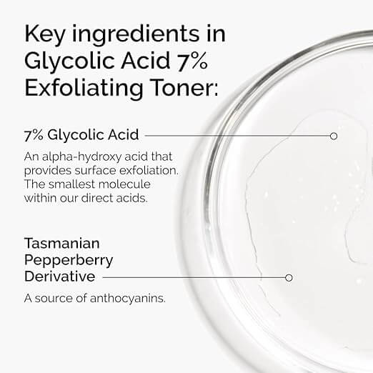 The Ordinary Glycolic Acid toner on a soft neutral background, used to treat keratosis pilaris and chicken skin on arms and legs.