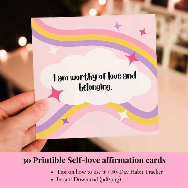 Self-love and self-care affirmation cards with 30 day habitt tracker and tips how to use it