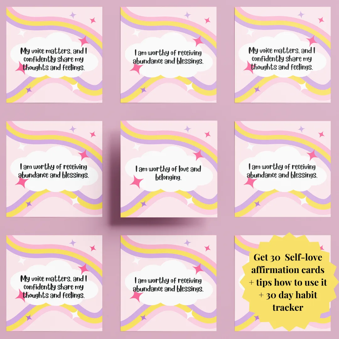 Printable Self-Love Affirmation Cards feature 30 beautifully designed cards in PDF and PNG formats, accompanied by a guide for effective use and a 30-day tracker.