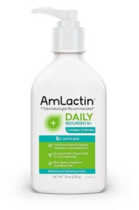 AmLactin Daily Nourish 5% Body Lotion, a 7.9 oz moisturizer with 5% lactic acid for exfoliation and hydration, ideal for dry skin and smooth underarms.