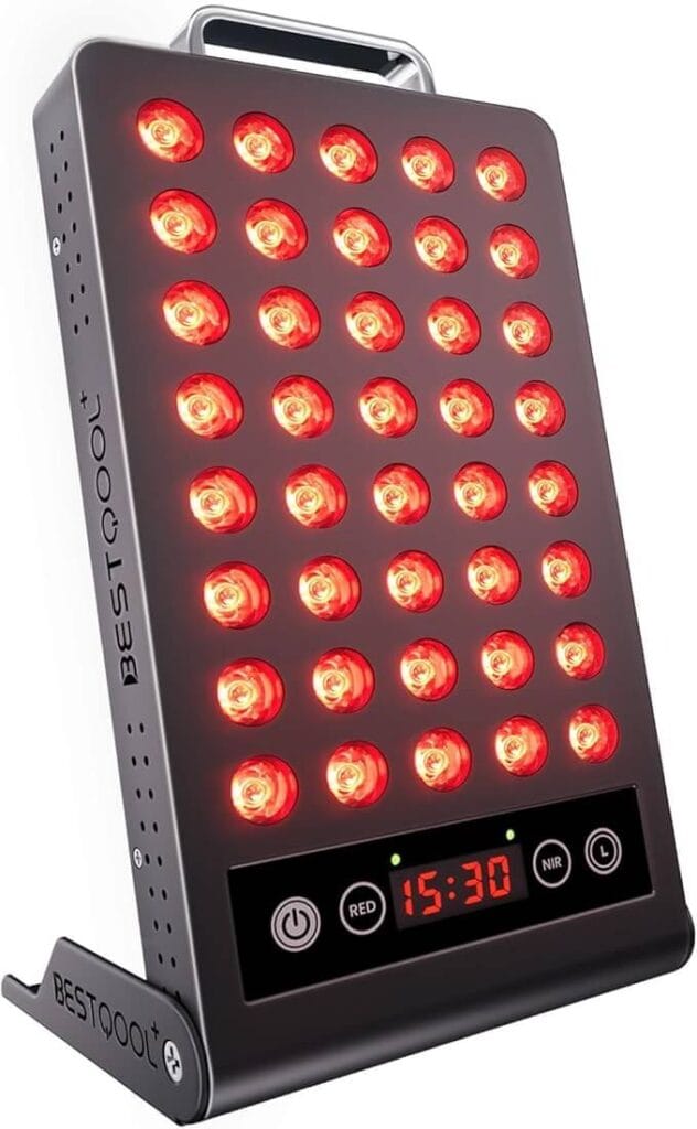 Close-up of the Bestqool red light therapy panel with 40 LEDs and digital timer for anti-aging and muscle recovery