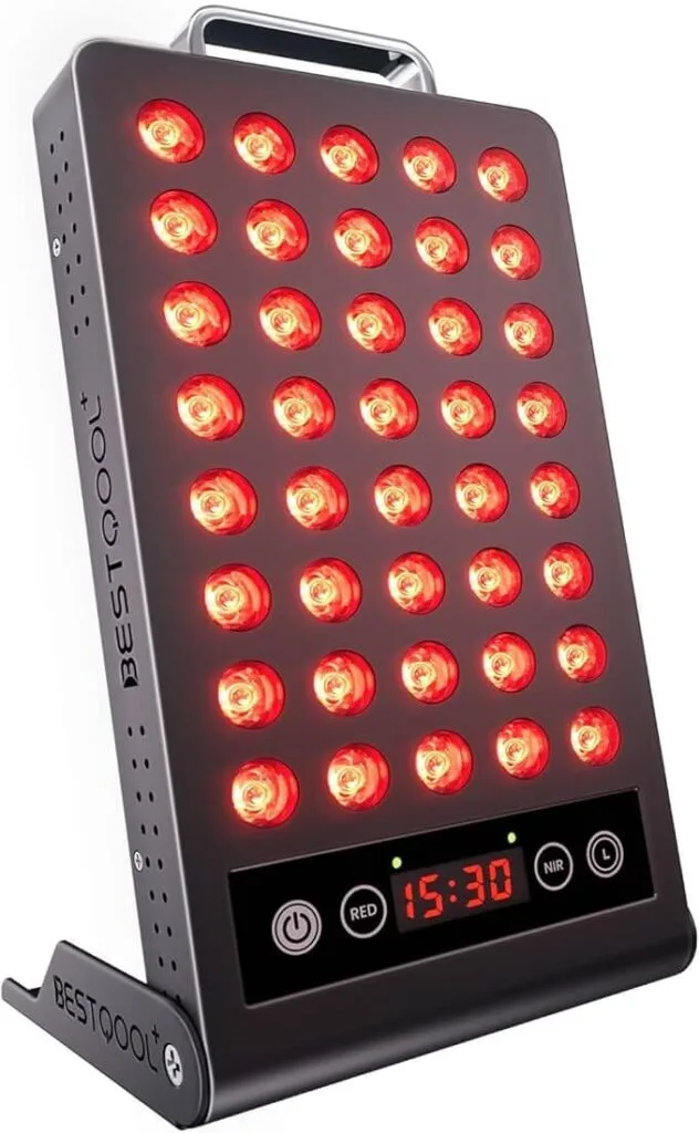 Close-up of the Bestqool red light therapy panel with 40 LEDs and digital timer for anti-aging and muscle recovery