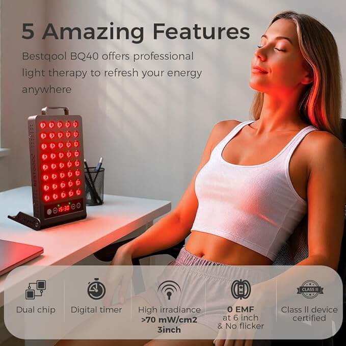 Woman using Bestqool red light therapy panel at home—promotes skin healing, reduces fatigue, and boosts energy with dual chip LED technology