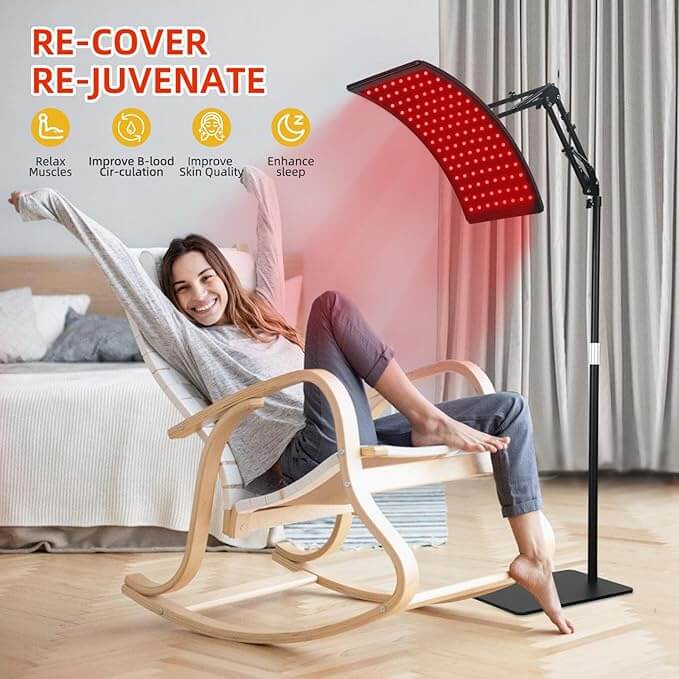 Curved red light therapy panel in use—supports muscle recovery, improved blood circulation, skin quality, and better sleep.