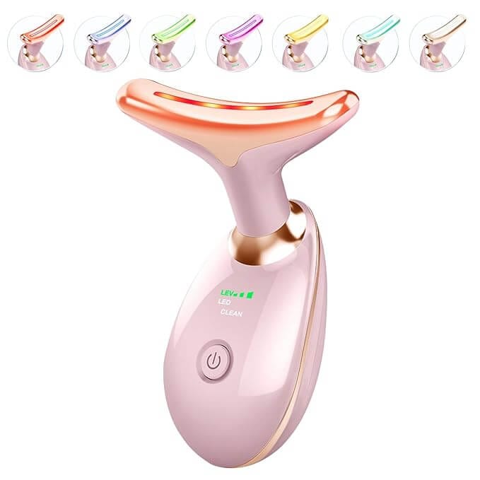 7-color LED neck and face massager device for red light therapy, wrinkle removal, and skin tightening