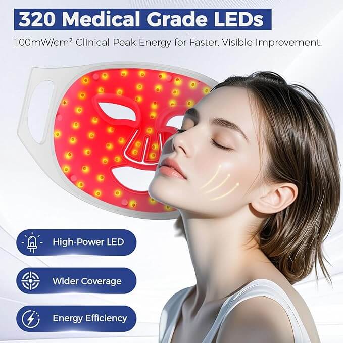 Model using Lovsheme LED face mask featuring 320 medical-grade LEDs for red, blue, and infrared light therapy to smooth skin and boost collagen