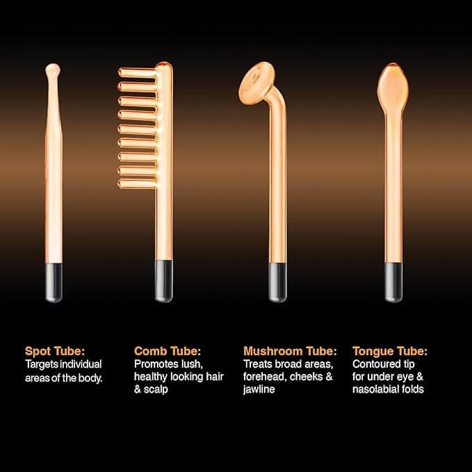 NuDerma high-frequency wand attachment types including spot, comb, mushroom, and tongue tubes for acne, scalp, and facial therapy