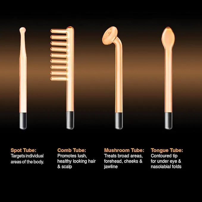 NuDerma high-frequency wand attachment types including spot, comb, mushroom, and tongue tubes for acne, scalp, and facial therapy