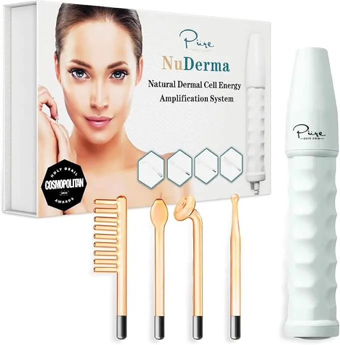 NuDerma red light therapy wand kit with four attachments for face and scalp—used for breakouts, wrinkles, and hair growth at home.