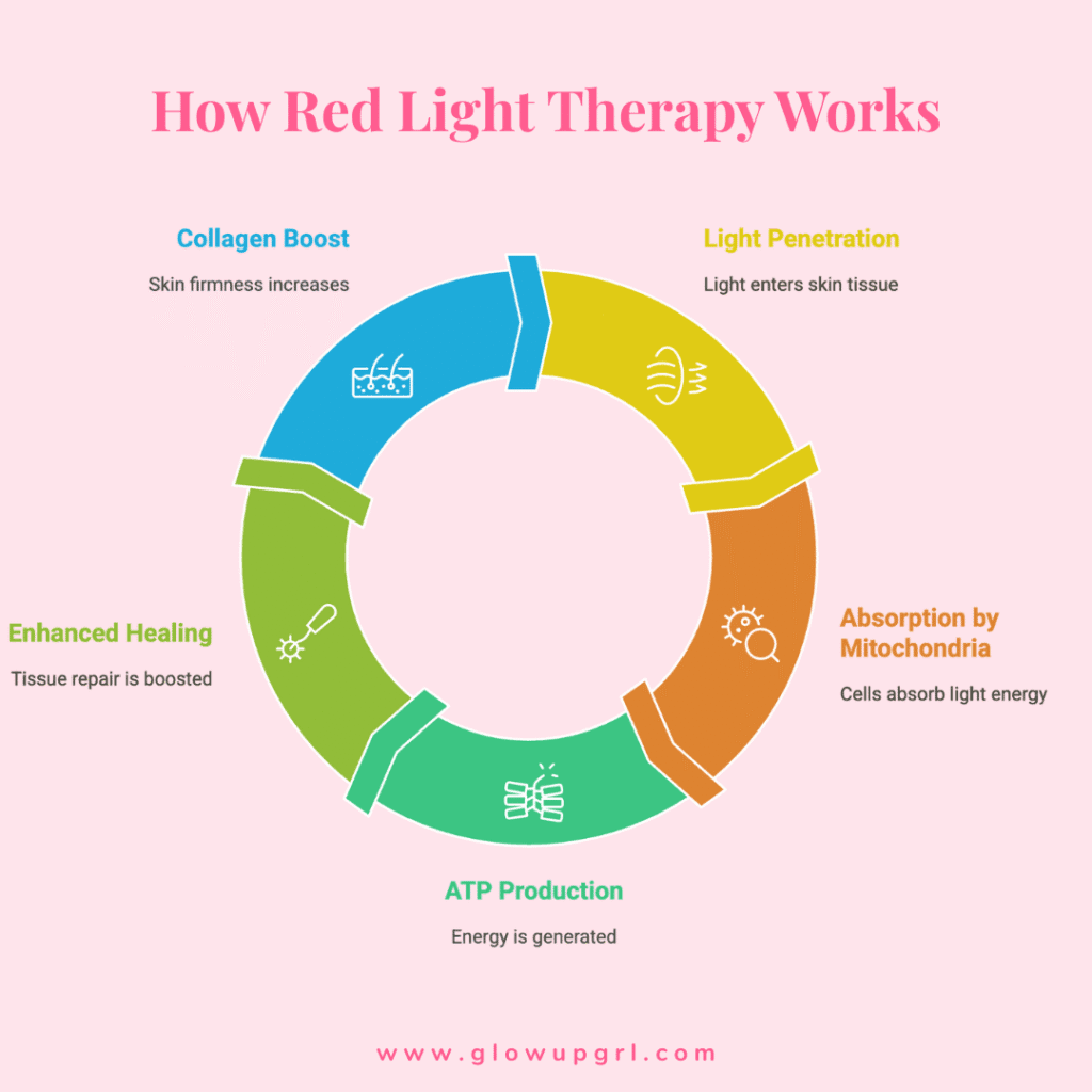 Explore how red light therapy works in this simple cycle infographic—see how light penetrates the skin, stimulates mitochondria, and boosts healing, ATP production, and collagen naturally.