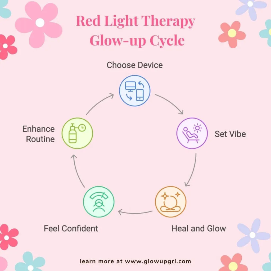 Discover the 5-step glow-up cycle with red light therapy—from choosing your device to boosting your confidence. Aesthetic skincare meets science-backed self-care.