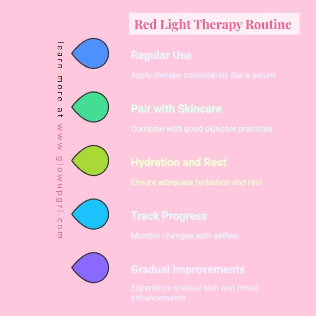 Illustrated guide showing a beginner-friendly red light therapy routine including steps like regular use, pairing with skincare, hydration, and tracking results.