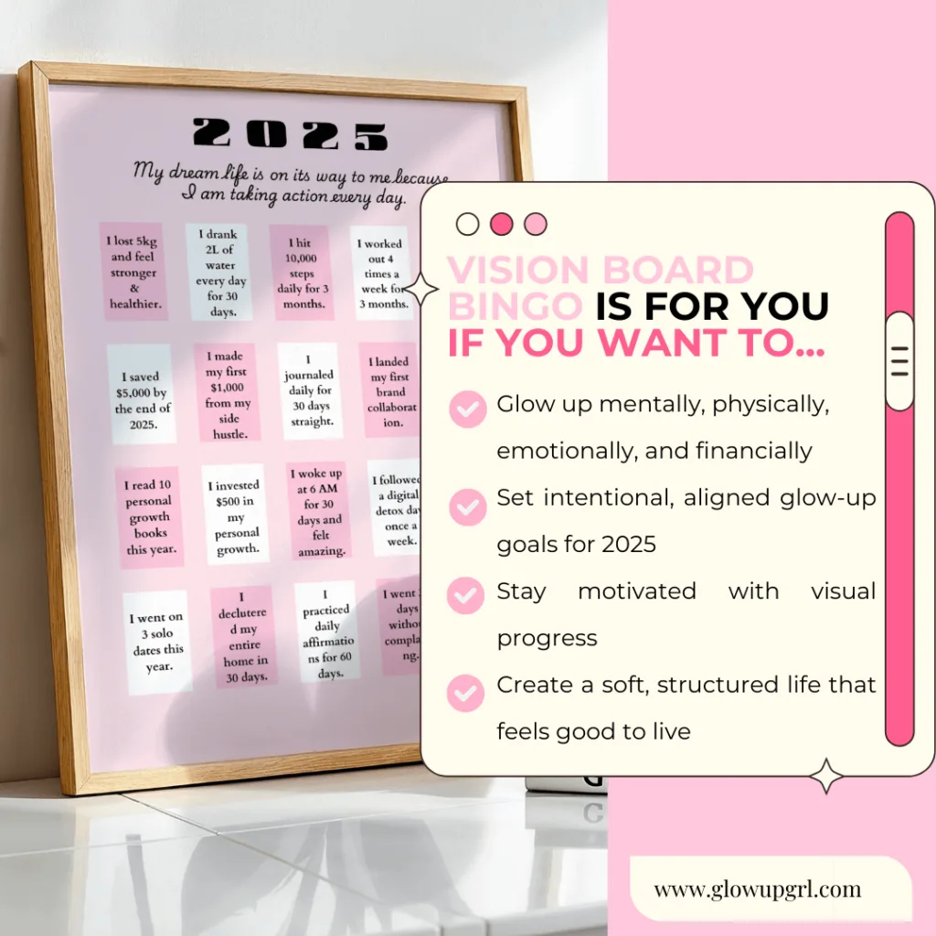 A vision board lifestyle mockup with checklist of reasons to use Vision Board Bingo—perfect for women focused on glowing up mentally, emotionally, and financially.