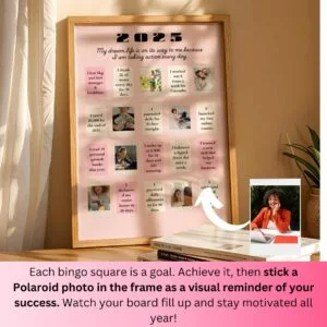 Framed 2025 vision board bingo with dimensions and Polaroid square size details—ideal for customizing and printing your manifestation tool.