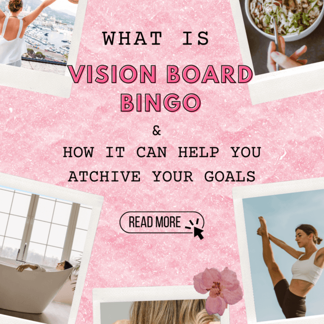 A soft pink aesthetic header graphic explaining what Vision Board Bingo is and how it can help you achieve your 2025 goals using a manifestation-based planning system.