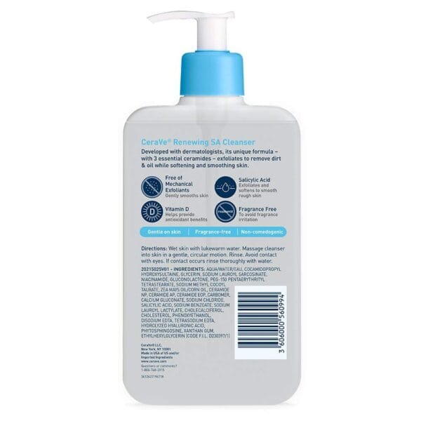 CeraVe Renewing SA Cleanser – Exfoliating Face Wash with Salicylic Acid, Hyaluronic Acid & Niacinamide (16 oz) - Image 10