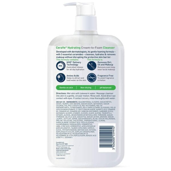 CeraVe Hydrating Cream-to-Foam Cleanser – Face Wash for Dry to Normal Skin with Hyaluronic Acid (19 oz) - Image 23