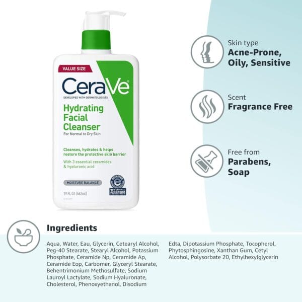 CeraVe Hydrating Facial Cleanser – Non-Foaming Face Wash for Dry & Sensitive Skin with Hyaluronic Acid (16 oz) - Image 10