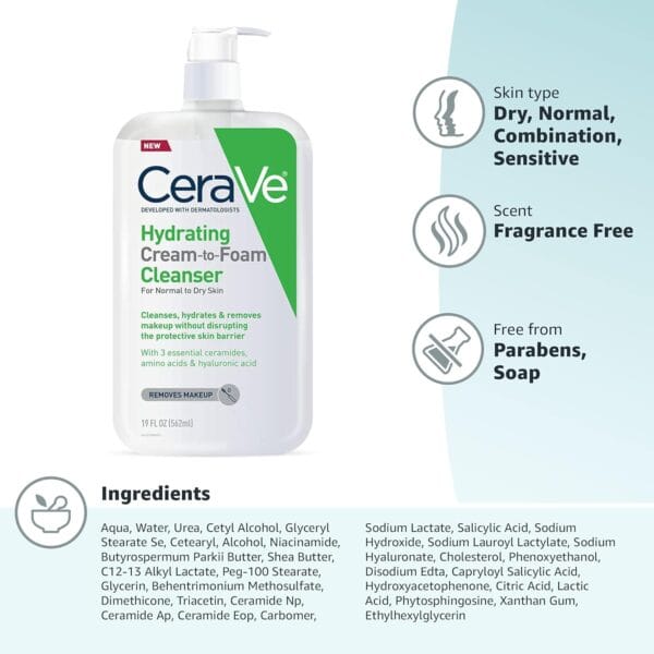 CeraVe Hydrating Cream-to-Foam Cleanser – Face Wash for Dry to Normal Skin with Hyaluronic Acid (19 oz) - Image 24