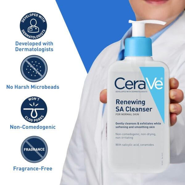 CeraVe Renewing SA Cleanser – Exfoliating Face Wash with Salicylic Acid, Hyaluronic Acid & Niacinamide (16 oz) - Image 3