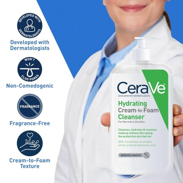 CeraVe Hydrating Cream-to-Foam Cleanser – Face Wash for Dry to Normal Skin with Hyaluronic Acid (19 oz) - Image 4