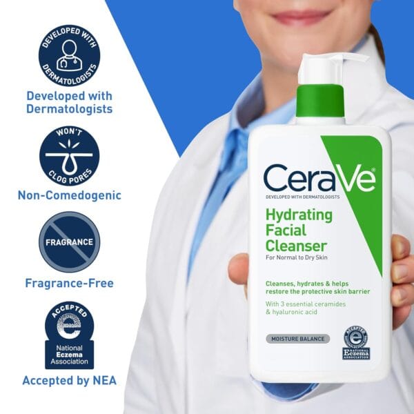 CeraVe Hydrating Facial Cleanser – Non-Foaming Face Wash for Dry & Sensitive Skin with Hyaluronic Acid (16 oz) - Image 4