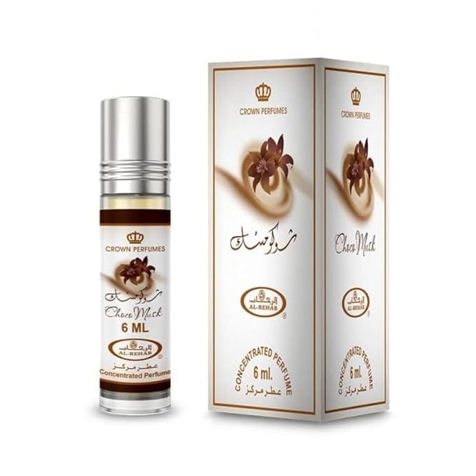 Al-Rehab Choco Musk concentrated perfume oil in a 0.2 oz rollerball, long-lasting sweet and warm unisex scent.