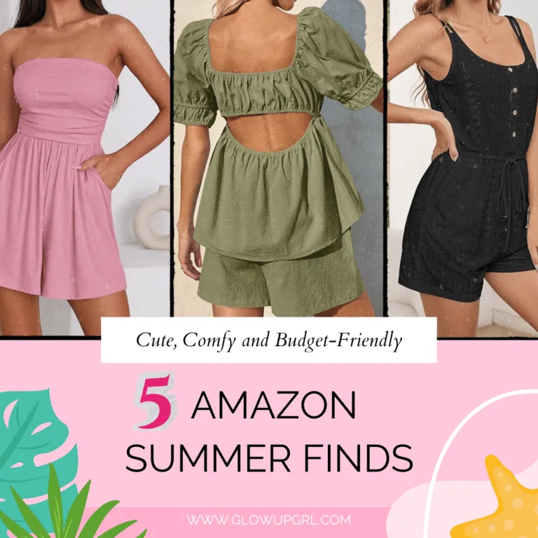 Collage of three summer outfits from Amazon—a pink strapless romper, olive green babydoll set, and black button-front romper—highlighting cute, comfy, and budget-friendly looks for curvy women.