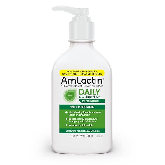 AmLactin moisturizing lotion with 12% lactic acid, 7.9 oz pump bottle, exfoliates and hydrates dry, rough skin.