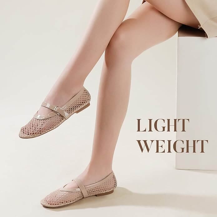 Pair of Ankis beige mesh Mary Jane ballet flats with a thin strap and breathable design, ideal for summer comfort and style.