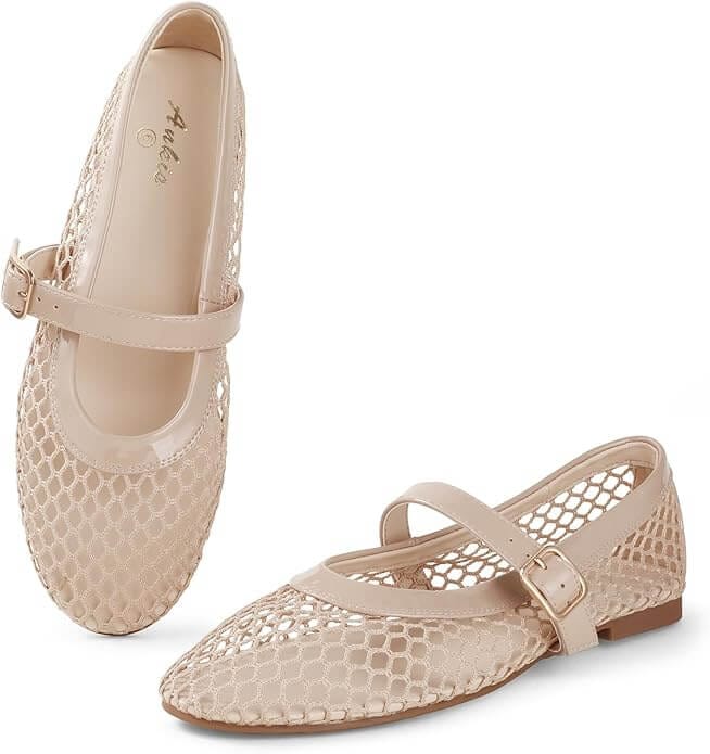 Aesthetic flat-lay of beige fishnet-style ballet flats with ankle straps, a trendy and breathable shoe option for warm-weather outfits.