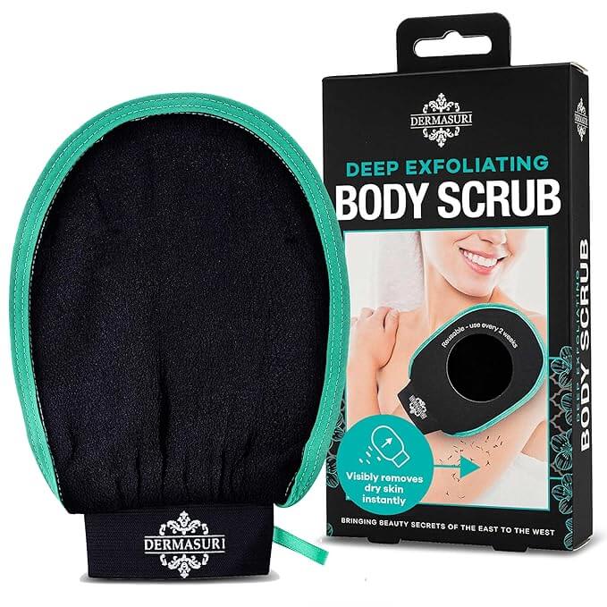 Dermasuri deep exfoliating glove for body, Korean-style mitt for smoothing skin and removing dead cells in shower.