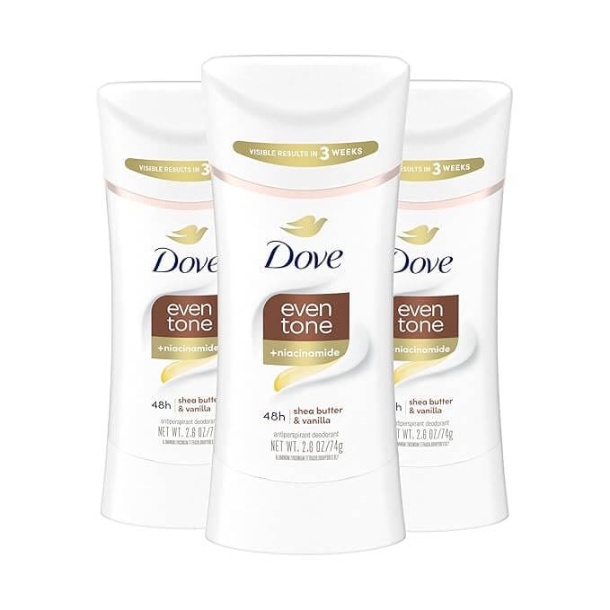 Dove Even Tone antiperspirant deodorant stick, 2.6 oz, pack of 3 with shea butter, vanilla, and niacinamide for 48-hour odor and sweat protection.