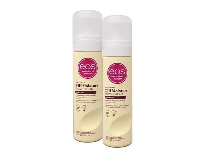 eos Shea Better women’s shave cream in Vanilla Bliss, 2-pack, 14 fl oz, with shea butter for smooth, moisturized skin.