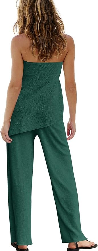 Back view of green strapless two-piece summer set with relaxed fit wide-leg pants and flowy asymmetrical top—easy, breezy, and stylish.