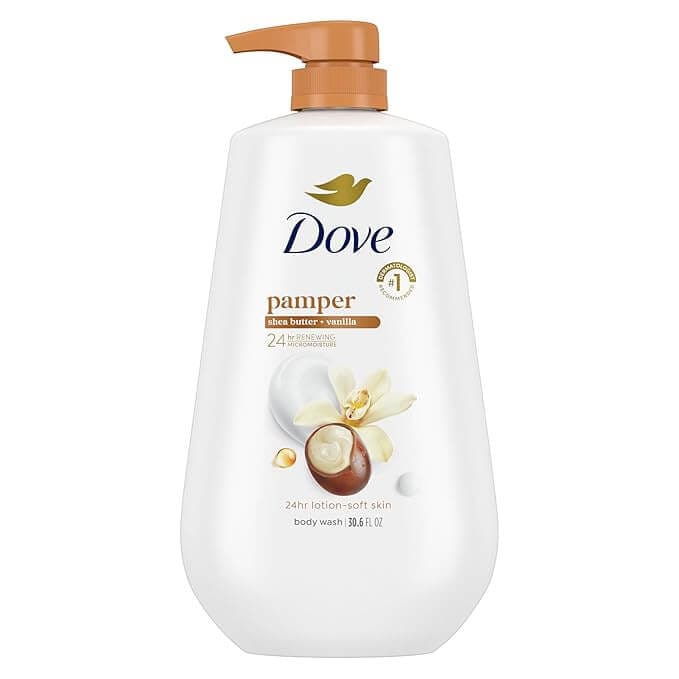 Dove body wash with shea butter and vanilla, 30.6 oz pump bottle, moisturizing cleanser for soft, fresh-smelling skin.