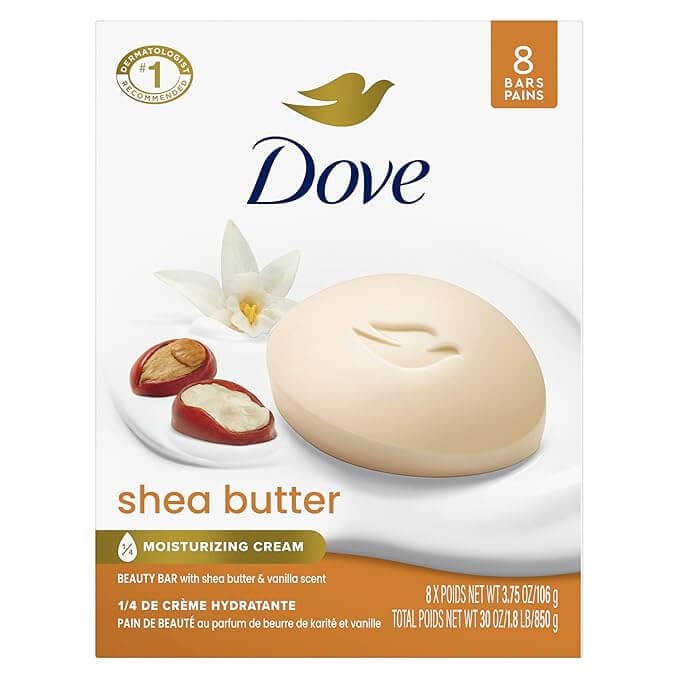 Dove shea butter beauty bar soap 8-pack, gentle moisturizing cleanser for soft, fresh-smelling skin.