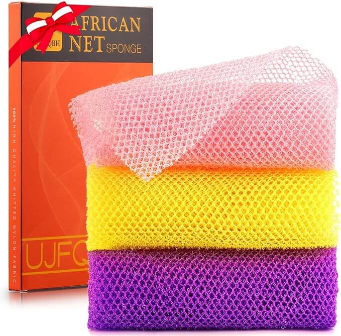 Colorful African bath sponges (pink, yellow, purple) for exfoliating and smoothing skin, ideal for smelling fresh all day.