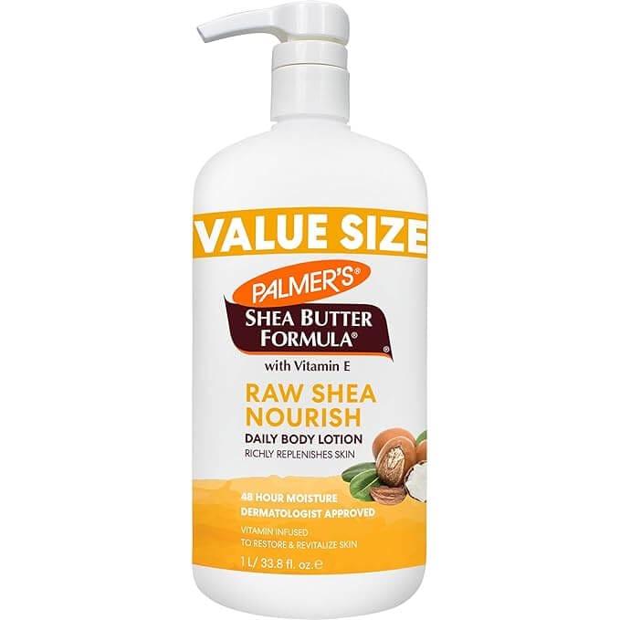 Palmer’s raw shea body lotion in 33.8 oz pump bottle, deeply moisturizing formula for dry skin and long-lasting softness.