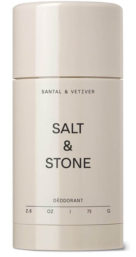 SALT & STONE aluminum-free deodorant in Santal & Vetiver, extra strength formula with seaweed extracts and prebiotics for 48-hour odor protection.