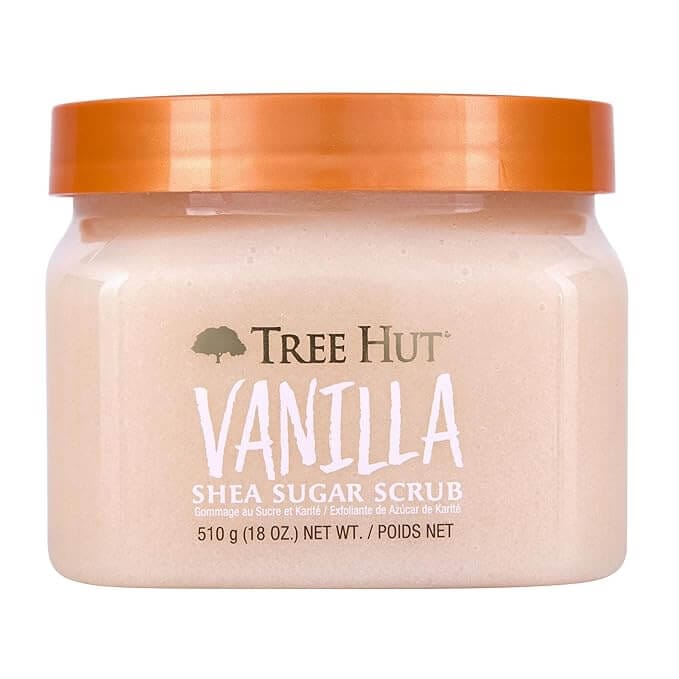 Tree Hut vanilla shea sugar body scrub, 18 oz exfoliator for smooth, hydrated, and fresh-smelling skin.