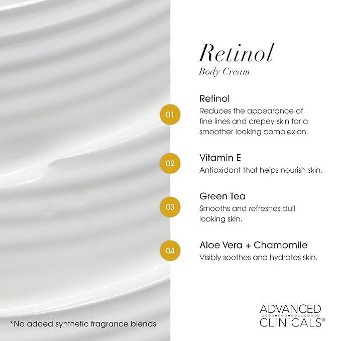 Advanced Clinicals retinol body cream in large jar with gold cap, featured in a calming flatlay for anti-aging skincare routines targeting wrinkles and crepey texture.