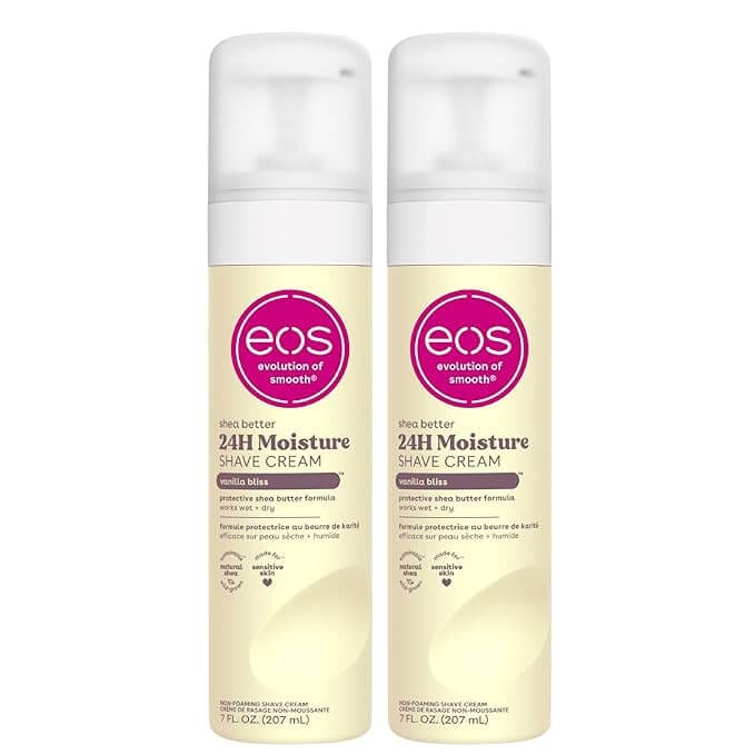 eos Vanilla Bliss Shea Butter Shave Cream in a soft, feminine flatlay—ideal for smooth legs, moisturizing shave routines, and a sweet, clean scent.