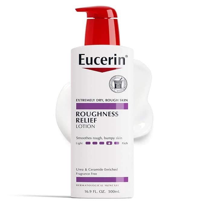 Eucerin Roughness Relief body lotion with urea in 16.9 oz pump bottle, designed for rough, bumpy, keratosis pilaris-prone skin and deep hydration.