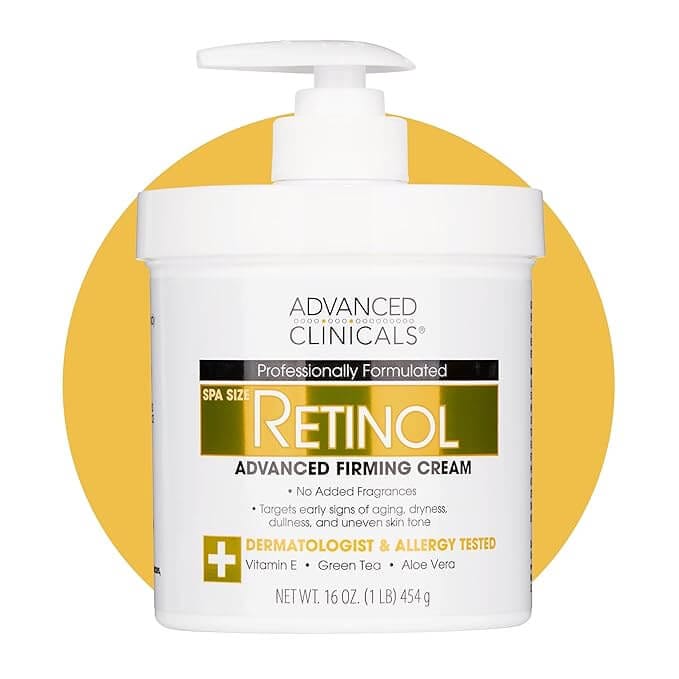 Advanced Clinicals Retinol Body Lotion in 16 oz jar, styled with soft skincare props—perfect for reducing fine lines, smoothing crepey skin, and hydrating dry texture.